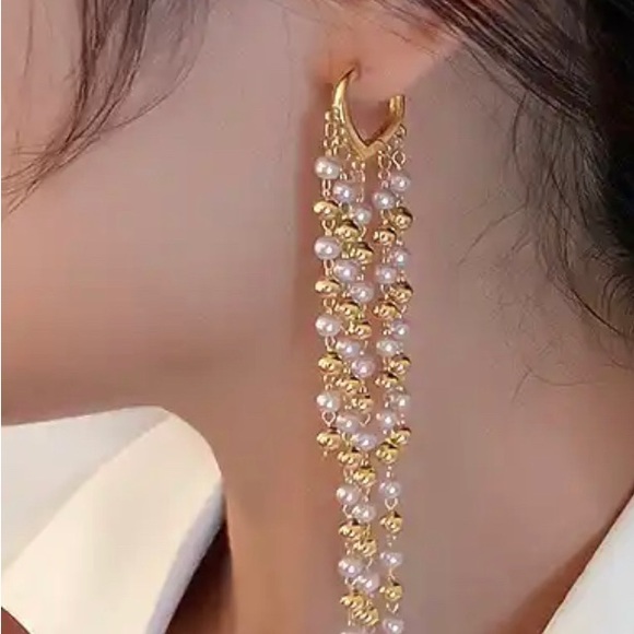 Long Gold and White Pearl Tassels Earrings - Picture 7 of 7